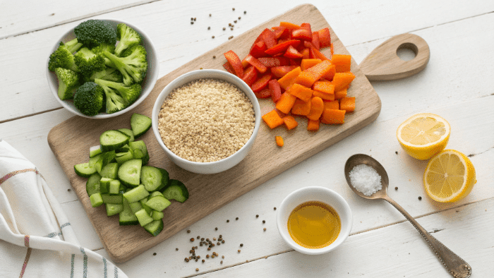Ingredients for quinoa and veggie bowl including quinoa, vegetables, olive oil, and lemon