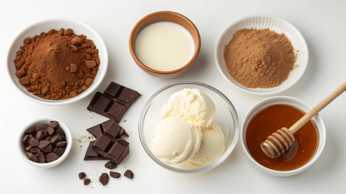 Chocolate milkshake ingredients including cocoa, ice cream, milk, and sugar
