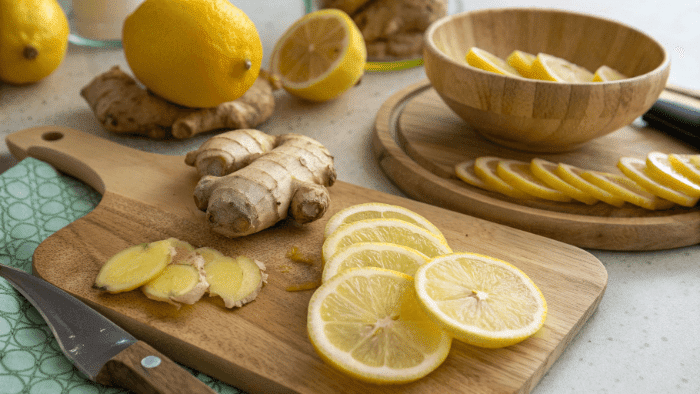 Cutting fresh lemon and ginger for detox drink preparation