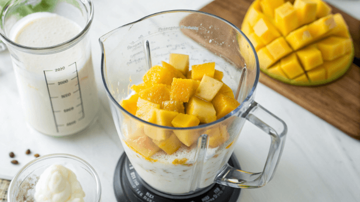 Mango chunks and other ingredients in blender before mixing