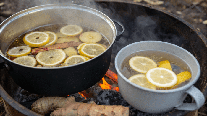 Boiling or infusing lemon and ginger in water
