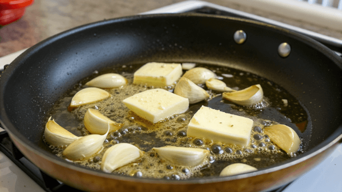 Garlic sautéing in butter inside a pan for pasta sauce