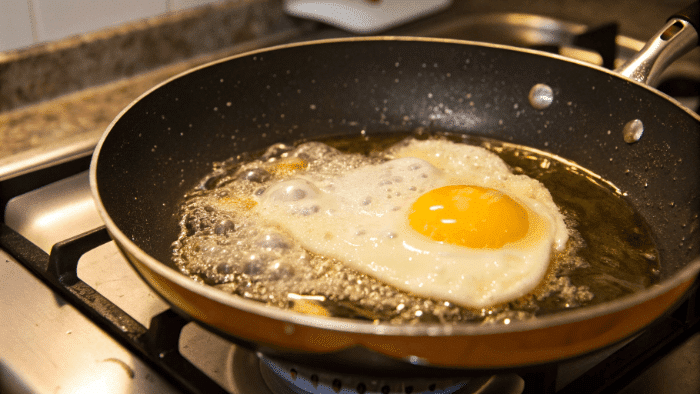 Melting cheese over a cooked egg in a frying pan
