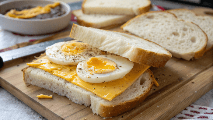 Assembling the egg and cheese sandwich step by step