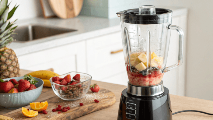 Strawberries and milk blending in motion inside a blender