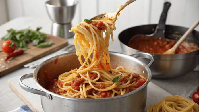 Mixing creamy garlic sauce with pasta inside a pan