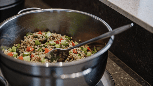 Mixing quinoa with vegetables in a bowl