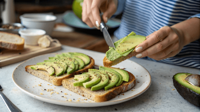 Final avocado toast served with toppings