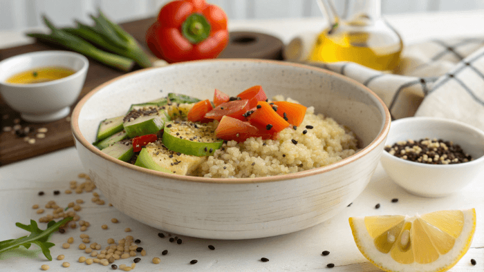 Final quinoa veggie bowl served fresh