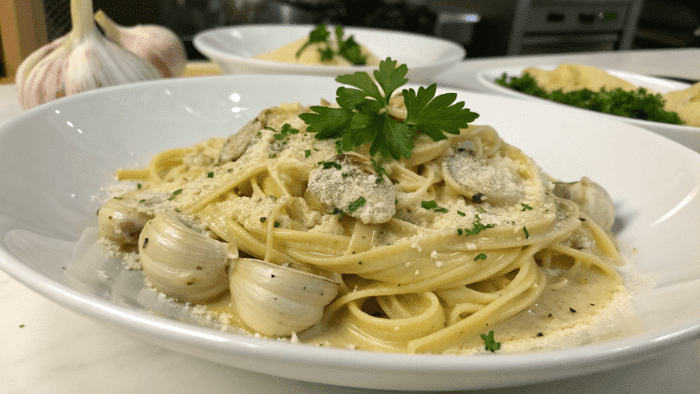Final creamy garlic pasta served with parmesan and herbs