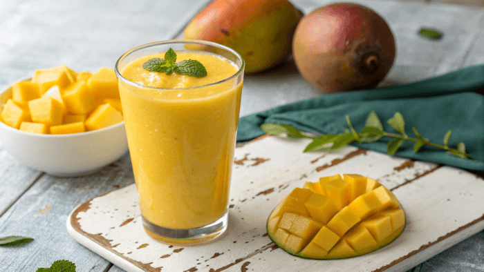 Final mango smoothie served in a glass with tropical colors