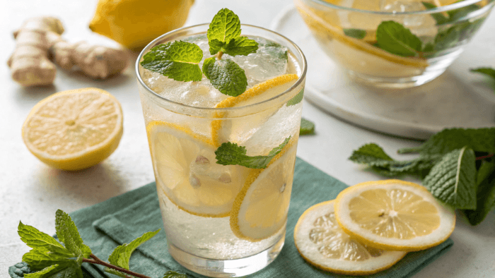 Final lemon ginger detox drink served with lemon slices and mint leaves