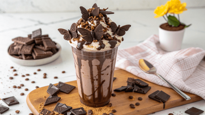 Final chocolate milkshake served with whipped cream and chocolate drizzle