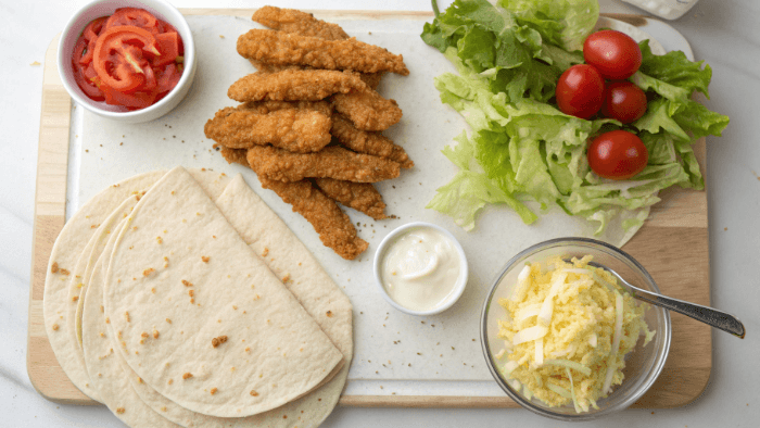 Ingredients for chicken wrap including tortilla, crispy chicken, lettuce, tomatoes, and sauce