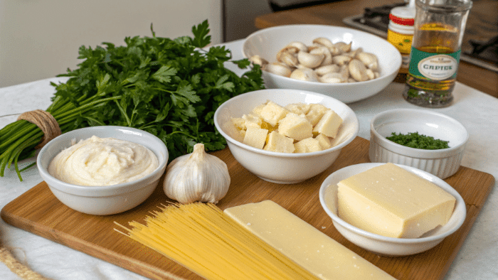 Ingredients for creamy garlic pasta including pasta, garlic, butter, cream, and parmesan