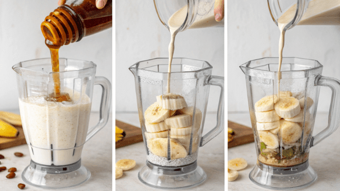 Adding banana, milk, and honey to blender