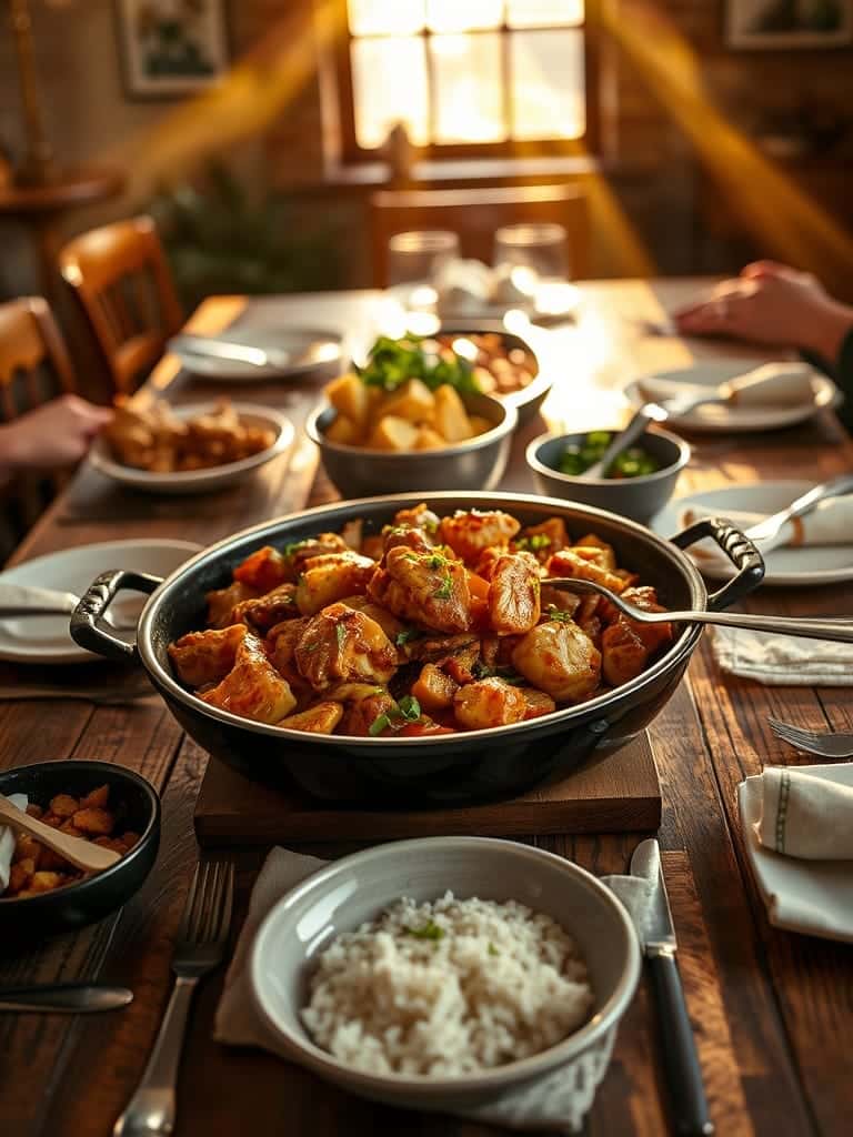 Plated stir fry with rice and garnishes
